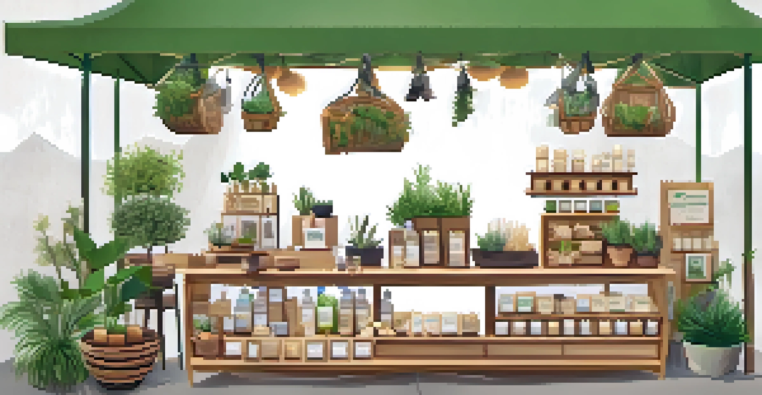 A vendor's booth filled with sustainable products including handmade soaps and reusable bags, surrounded by potted plants under warm lighting.