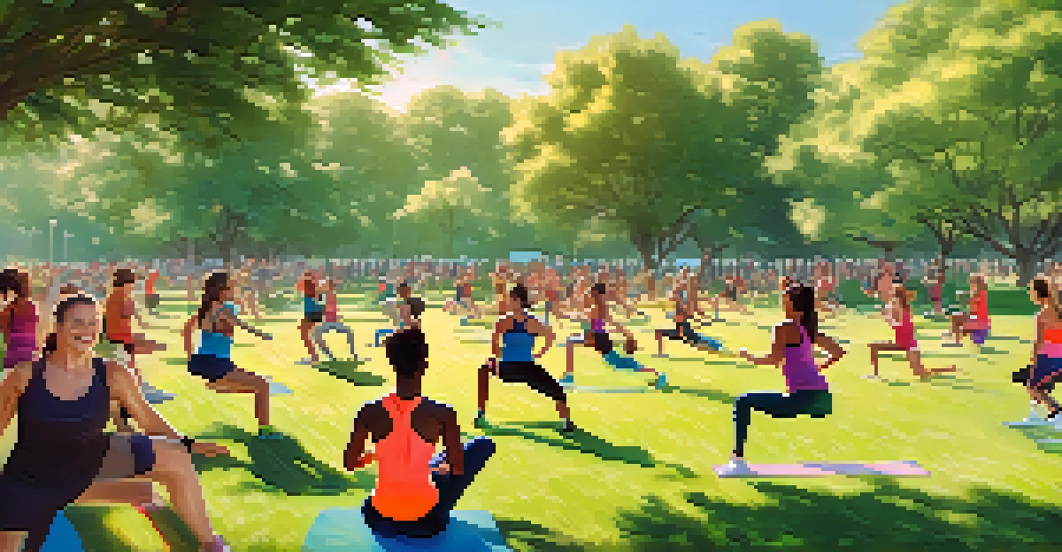 A diverse group of people participating in a high-energy outdoor fitness class in a park.