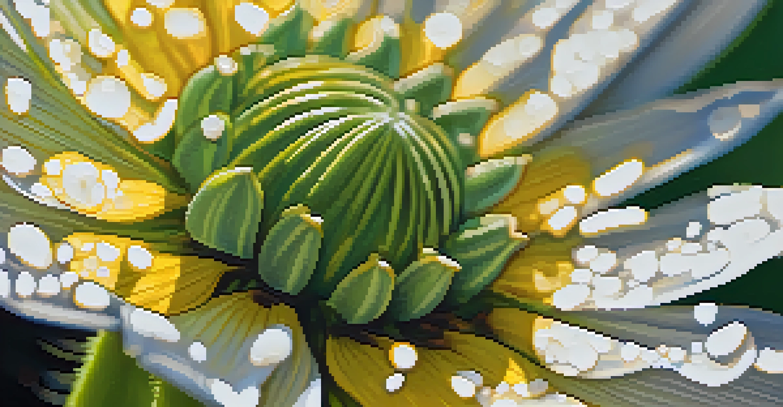 A close-up of a colorful wildflower with dew drops, set against a blurred background of green foliage and sunlight.