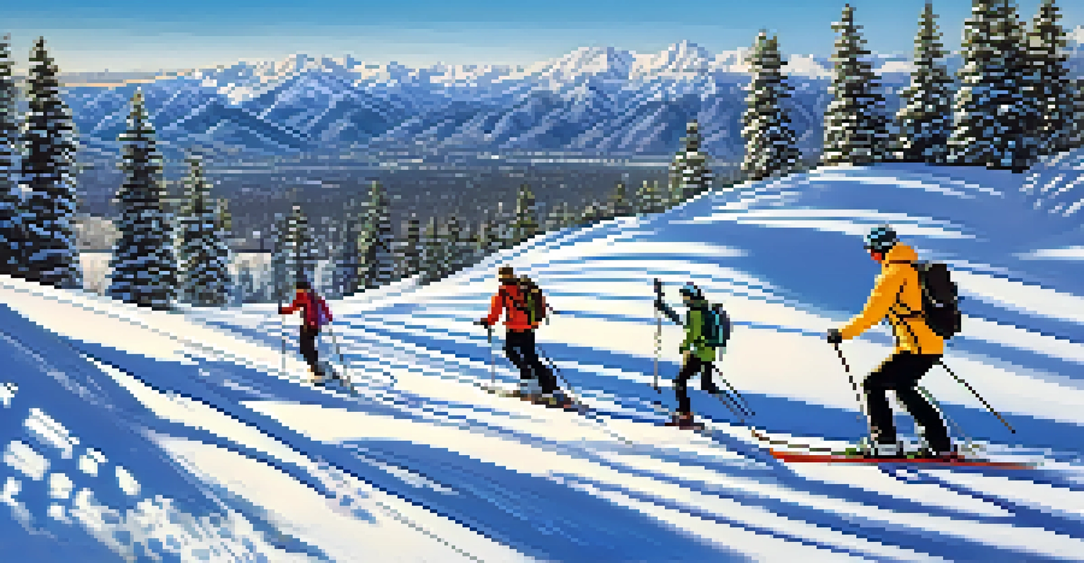 Friends skiing on a snow-covered slope in Boulder, Colorado, with bright sunlight and a clear blue sky.