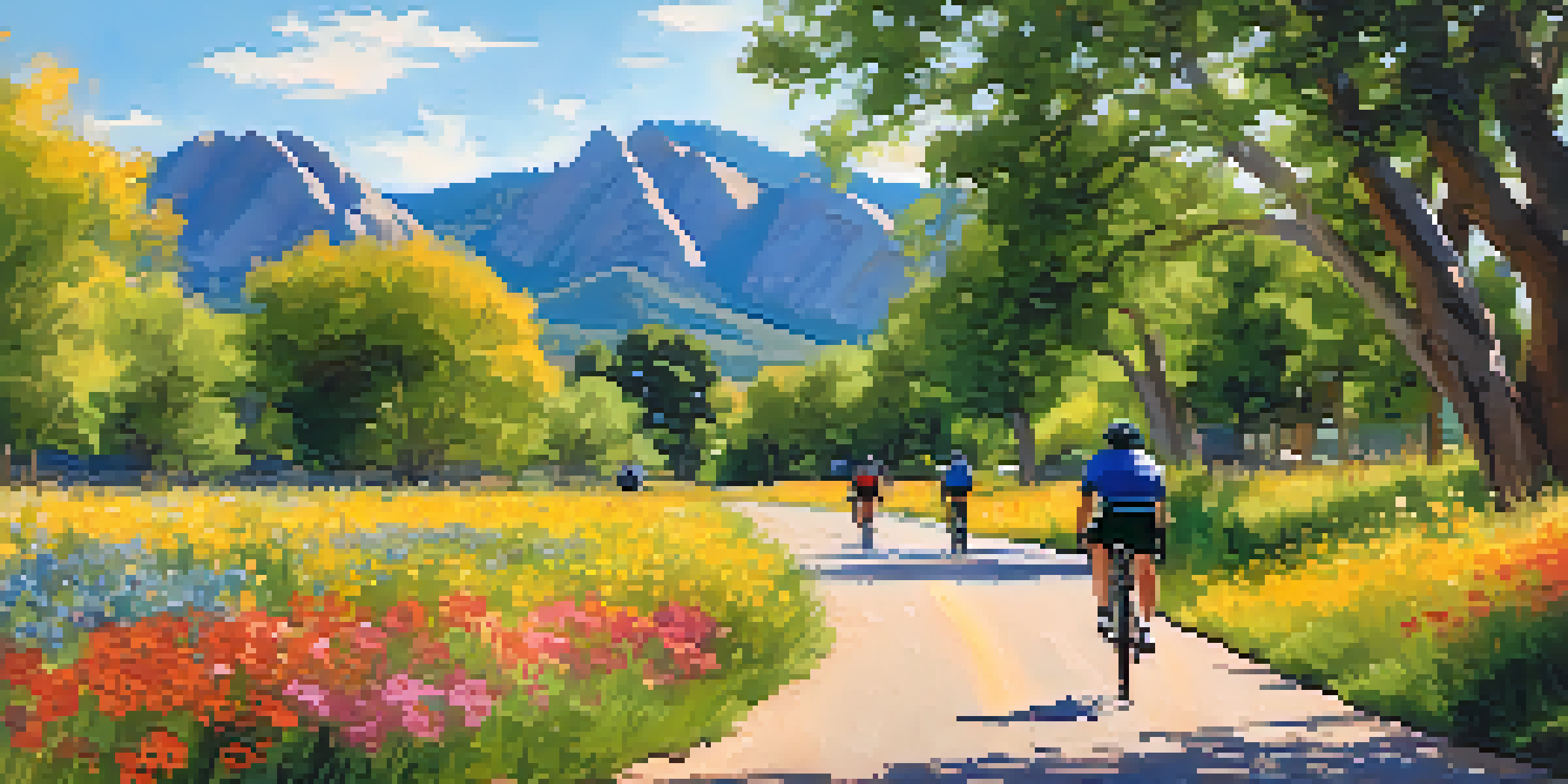 A picturesque bike path in Boulder, Colorado, with cyclists riding and mountains in the background.