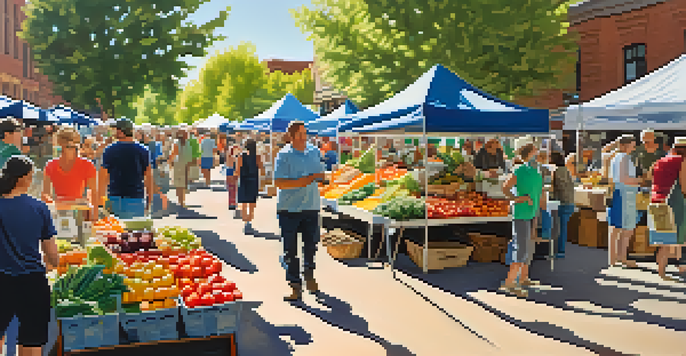 A lively farmers' market in Boulder with local farmers selling fresh produce, vibrant stalls, and people enjoying the atmosphere.