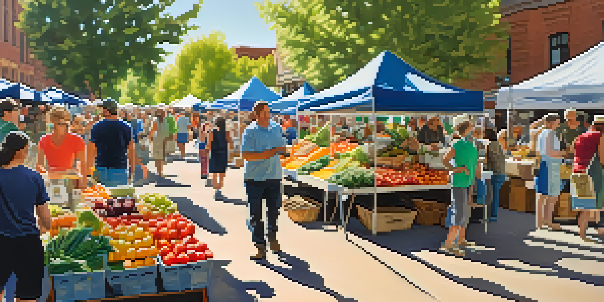 A lively farmers' market in Boulder with local farmers selling fresh produce, vibrant stalls, and people enjoying the atmosphere.