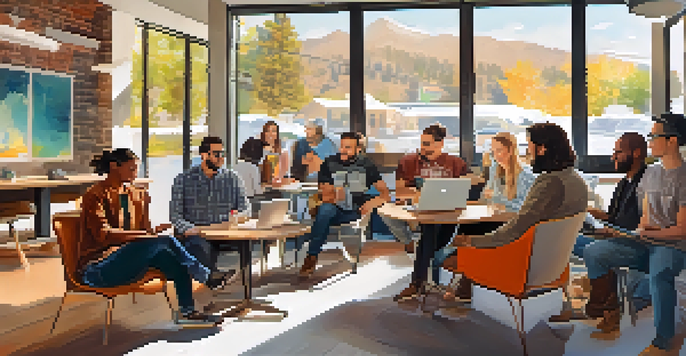 A lively tech meetup in a modern coffee shop with people discussing and collaborating over laptops and notebooks.