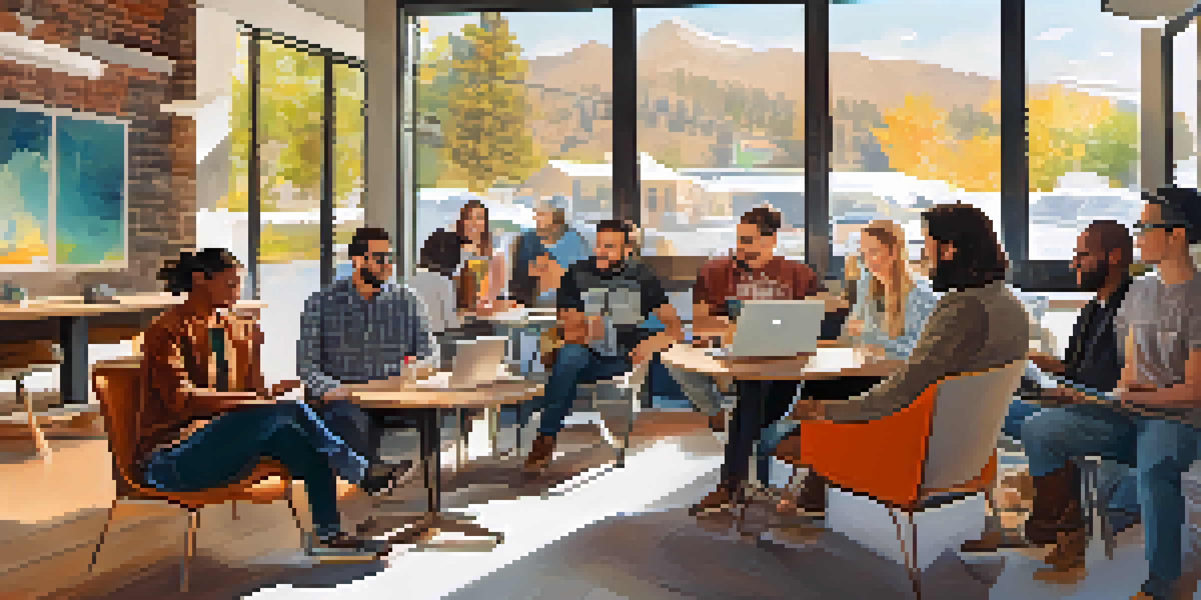 A lively tech meetup in a modern coffee shop with people discussing and collaborating over laptops and notebooks.