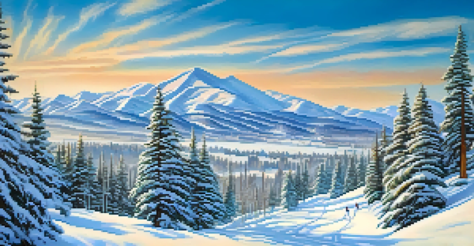 A scenic view of Boulder with skiers and snowboarders on snow-covered slopes, frosted pine trees, and a clear blue sky.