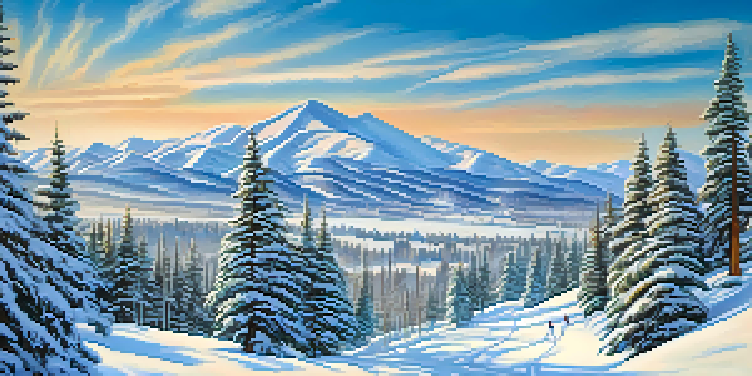 A scenic view of Boulder with skiers and snowboarders on snow-covered slopes, frosted pine trees, and a clear blue sky.