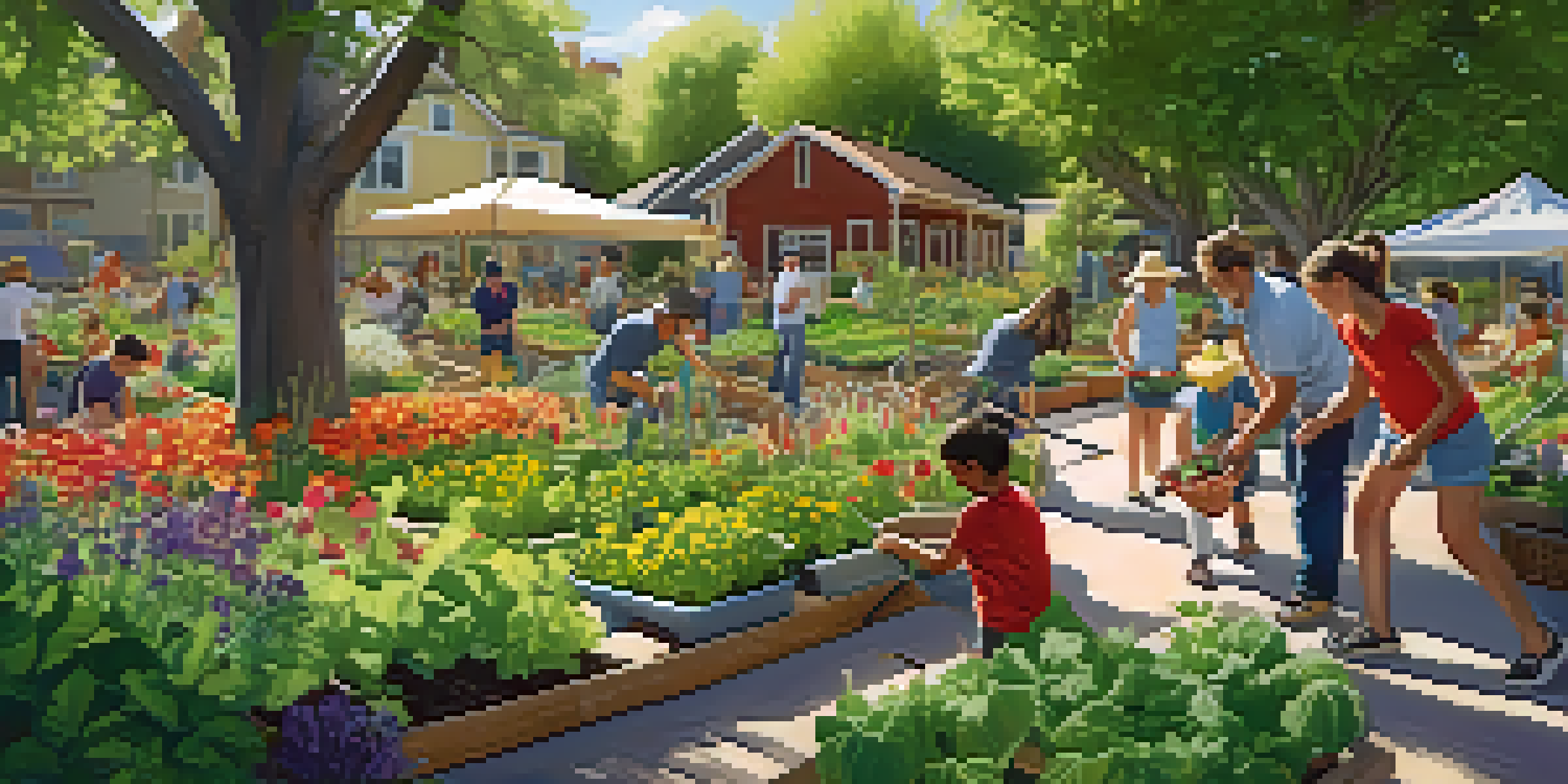 A community garden in Boulder with residents planting vegetables and flowers under soft sunlight.