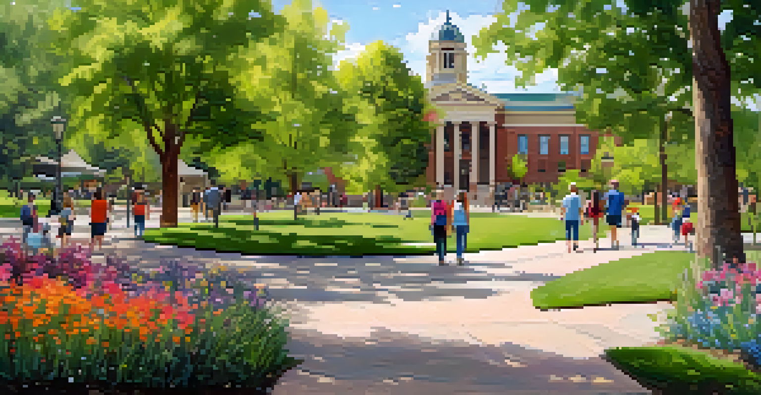 A community park in Boulder, Colorado, featuring walking paths, trees, and people enjoying the outdoors, with the Boulder County Courthouse in the background.