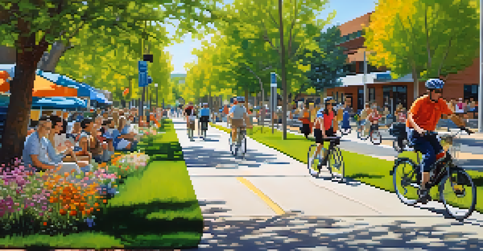 A busy bike path in Boulder with cyclists and pedestrians, trees and flowers lining the path, and a health clinic in the background.