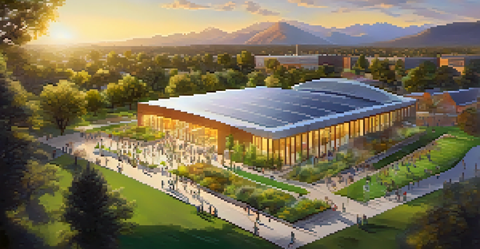 A diverse group of students collaborating on a renewable energy project on the CU Boulder campus, surrounded by greenery and modern buildings during sunset.
