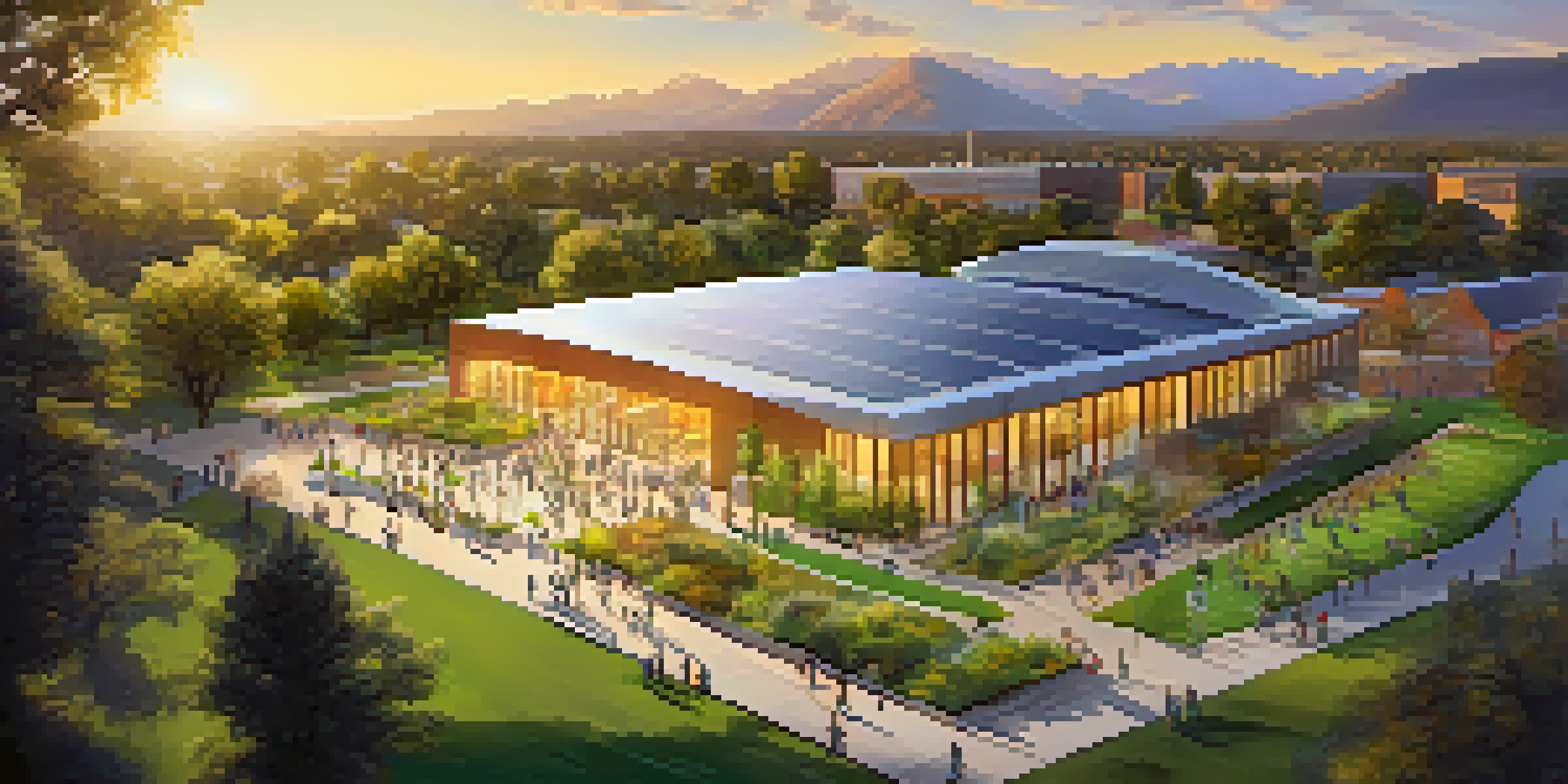 A diverse group of students collaborating on a renewable energy project on the CU Boulder campus, surrounded by greenery and modern buildings during sunset.
