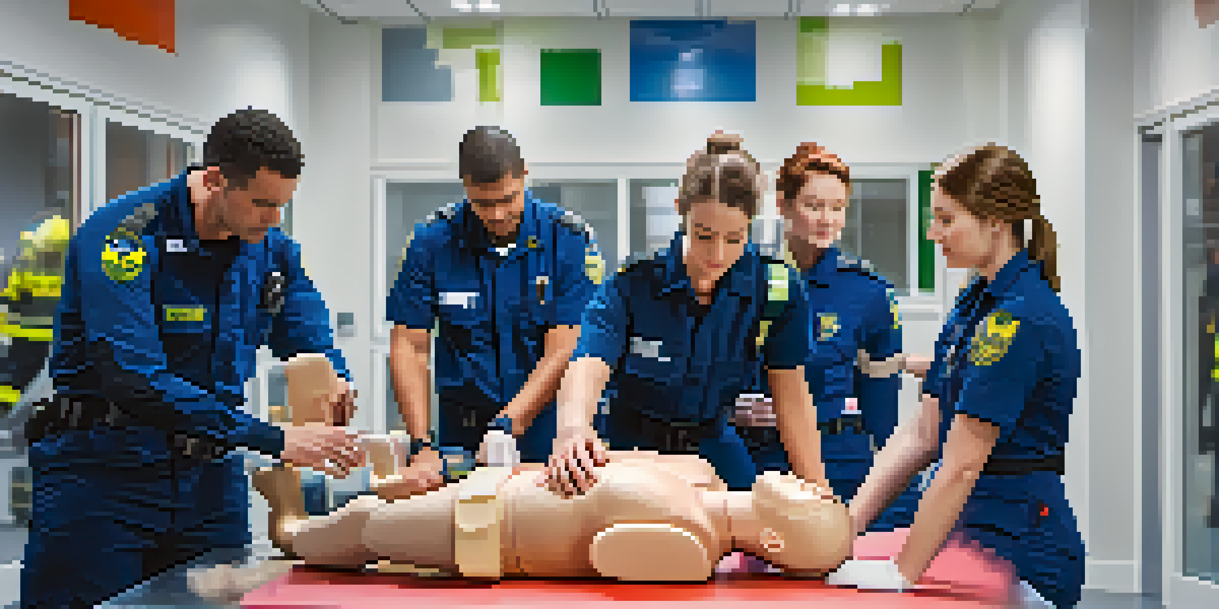 Emergency services trainees practicing CPR techniques in a bright training facility, with mannequins and medical equipment.