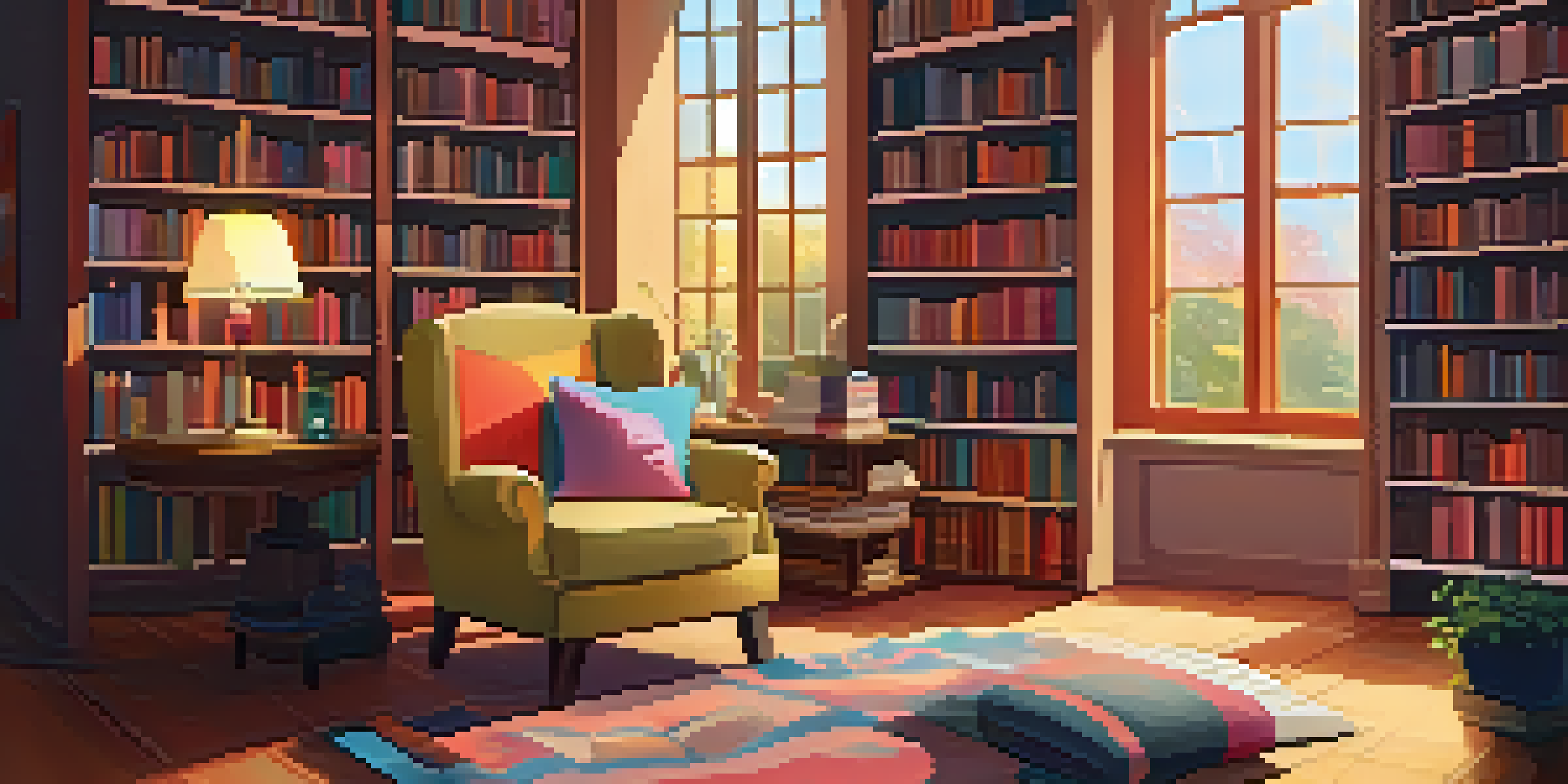 A cozy reading nook with an armchair, a blanket, a cup of tea, and bookshelves filled with books, illuminated by sunlight.