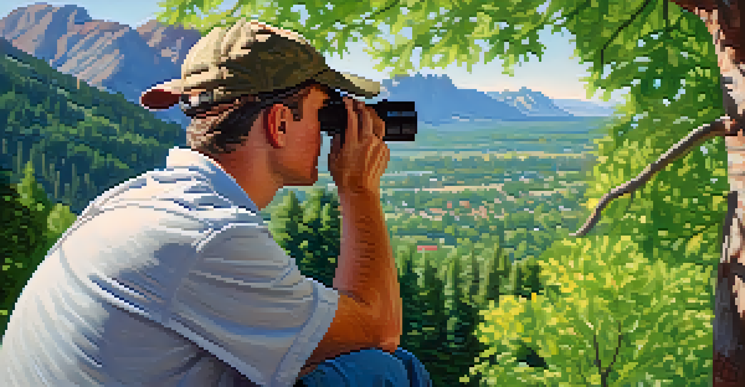A birdwatcher using binoculars in Chautauqua Park, surrounded by spring foliage and sunlight.