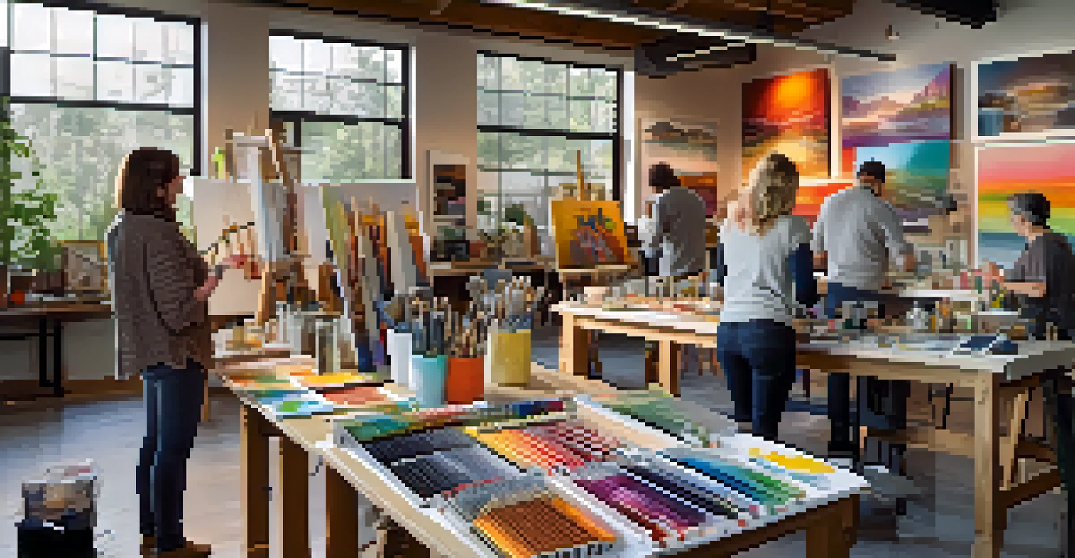An artist studio where a diverse group of artists collaborate on projects, surrounded by art supplies and warm lighting.