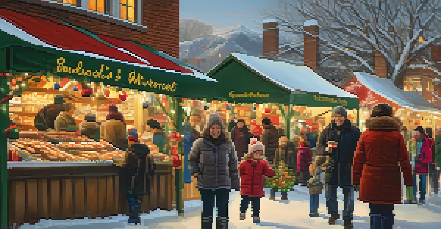A family happily sharing seasonal treats at a winter market, with colorful stalls and festive decorations surrounding them.