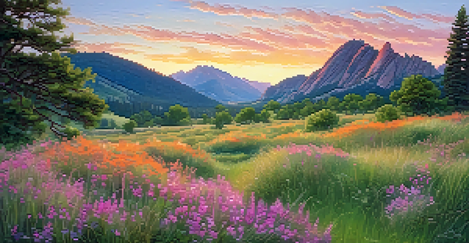 A picturesque scene of the Flatirons at sunrise, with colorful skies and lush meadows.