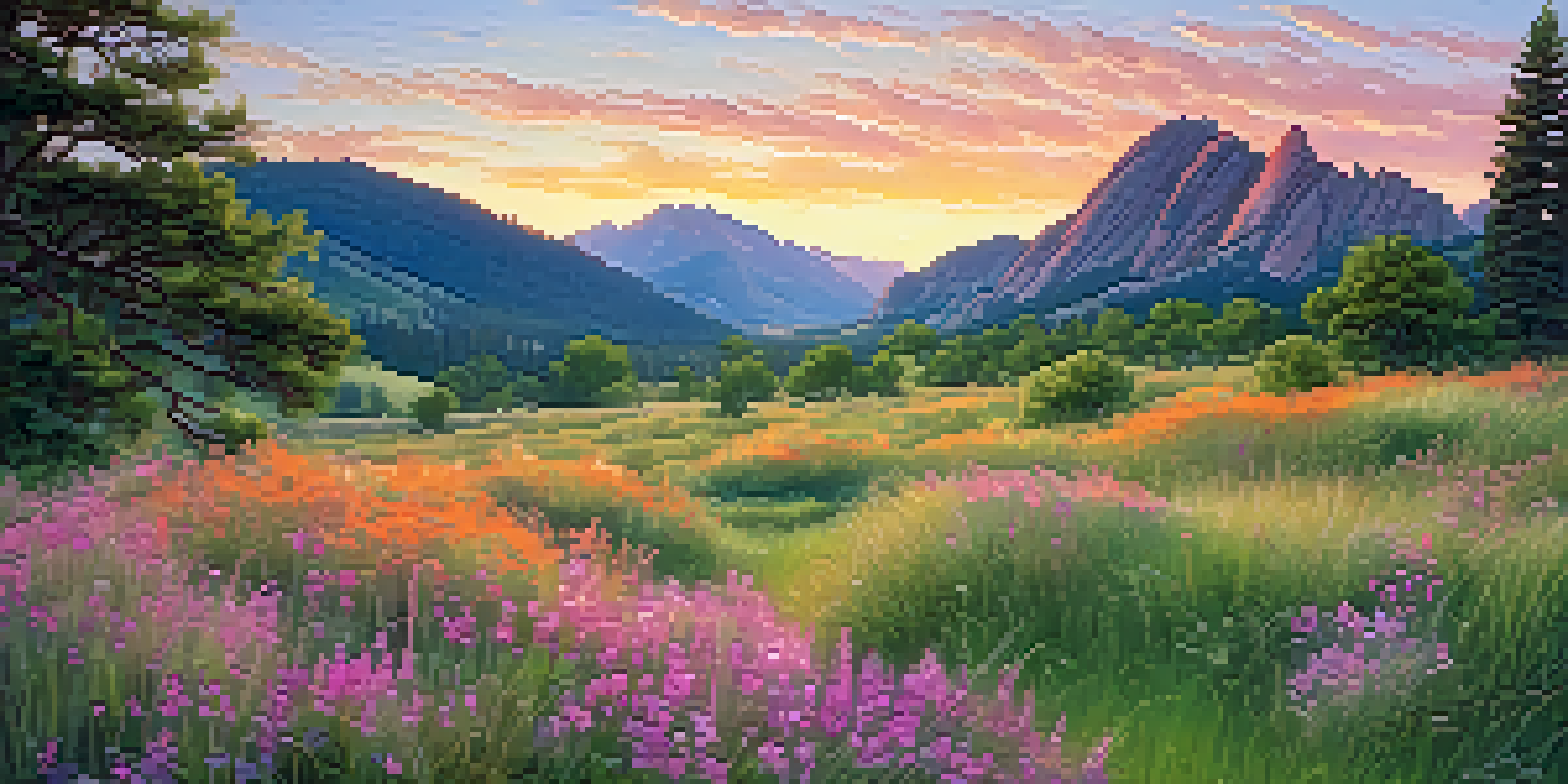 A picturesque scene of the Flatirons at sunrise, with colorful skies and lush meadows.