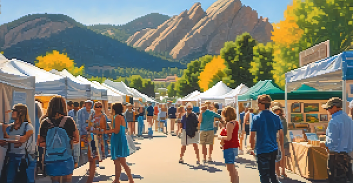 A lively street scene at an arts festival with colorful booths and smiling visitors, set against the Flatirons mountains.