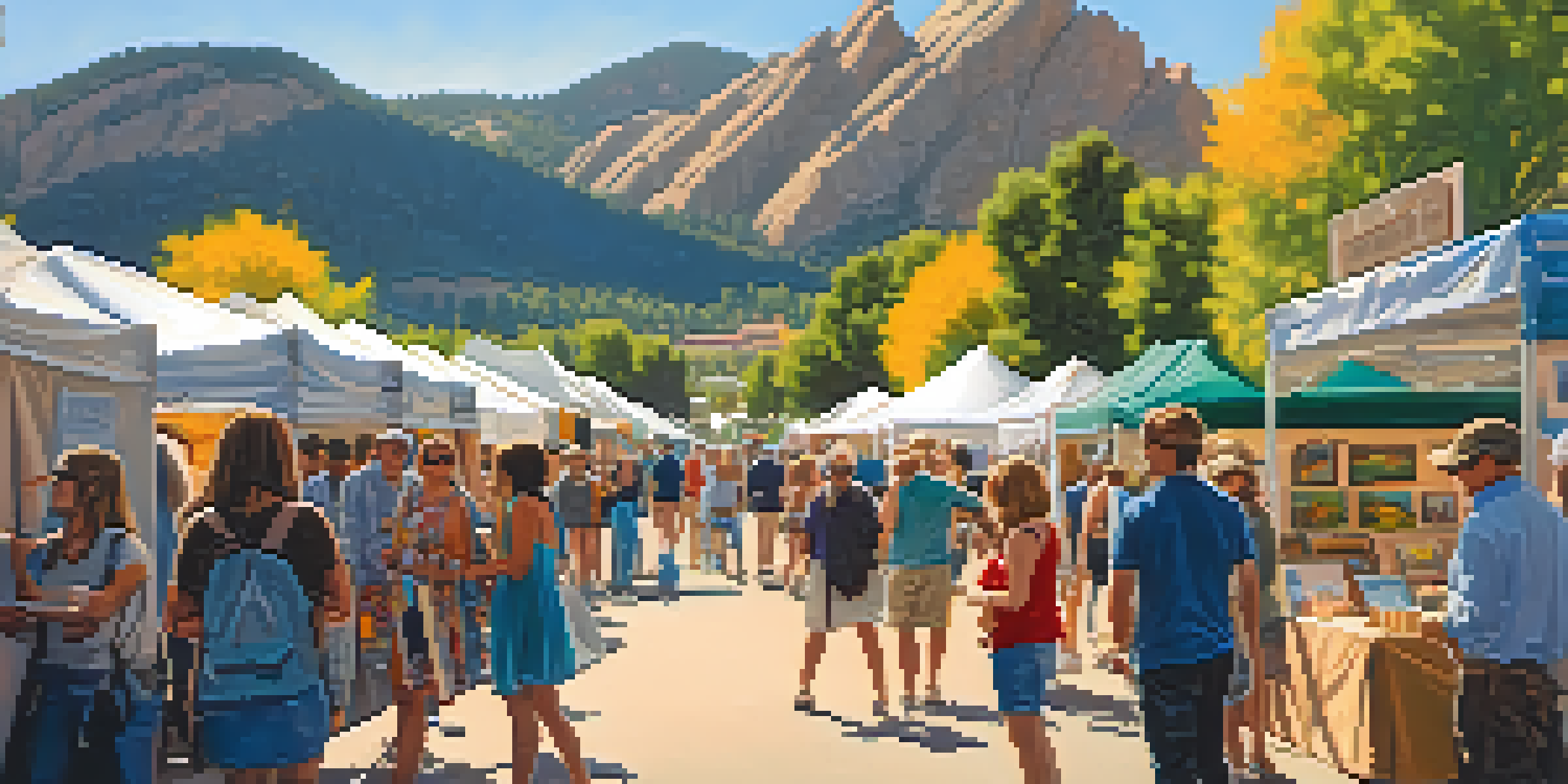 A lively street scene at an arts festival with colorful booths and smiling visitors, set against the Flatirons mountains.