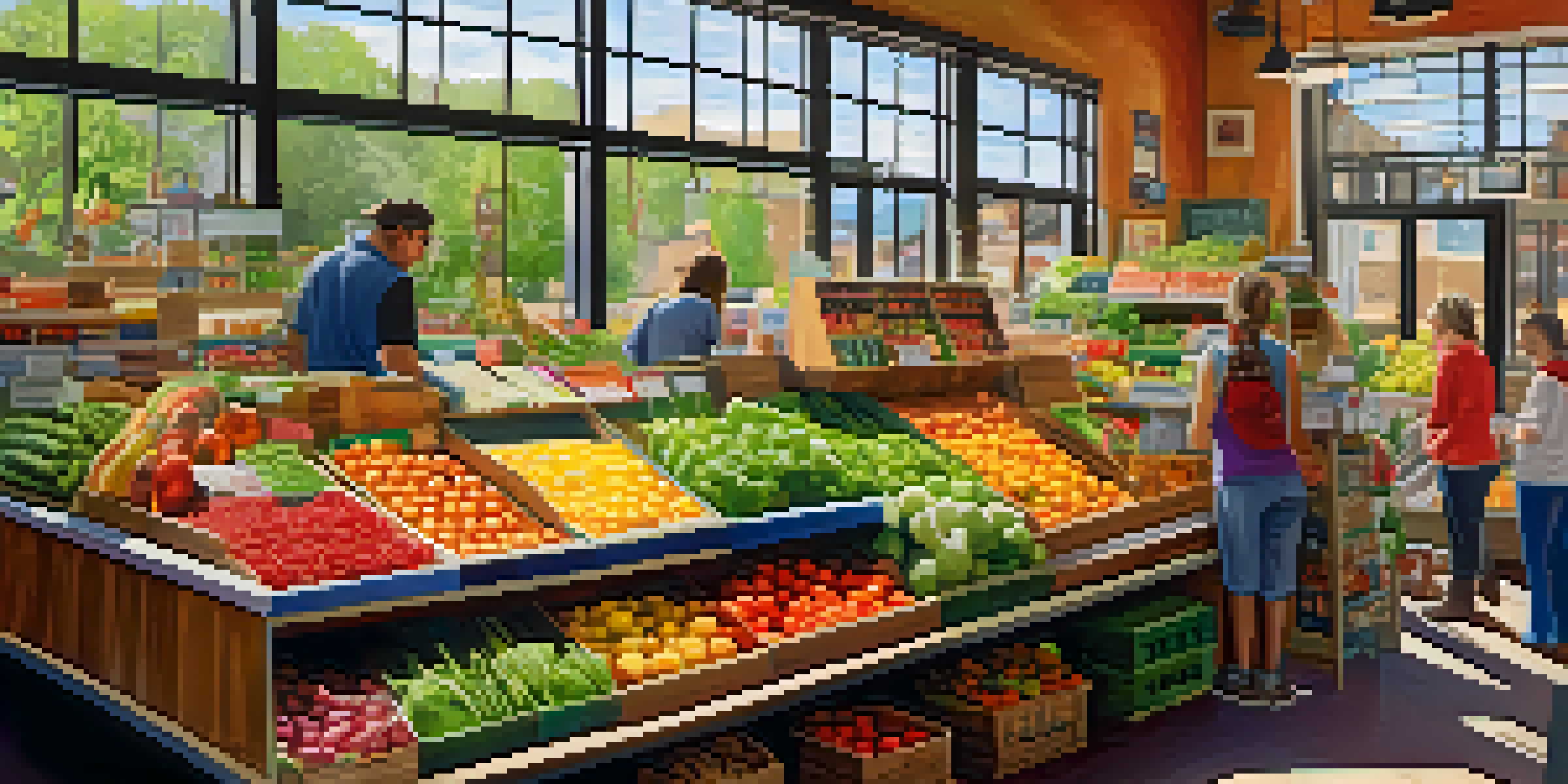 A lively food cooperative in Boulder with diverse fresh produce and community members shopping, filled with natural light and local artwork.