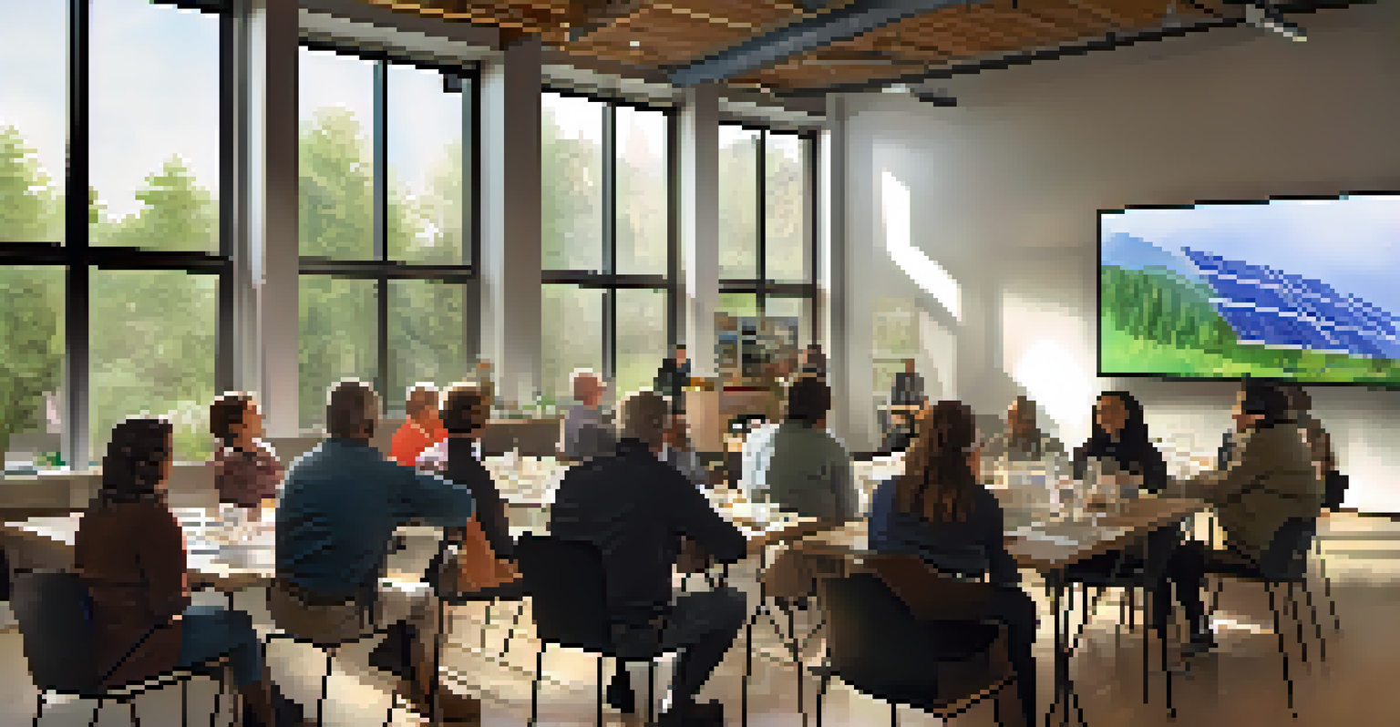 A community workshop in Boulder focused on renewable energy, with residents interacting and a presenter sharing information.