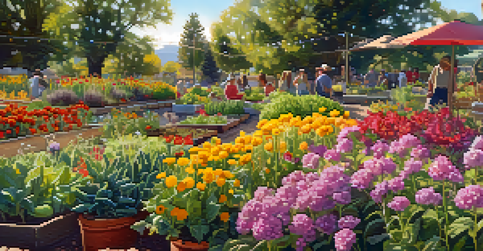 A close-up view of a community garden in Boulder, filled with colorful vegetables and flowers, with people gardening under the warm sunlight.