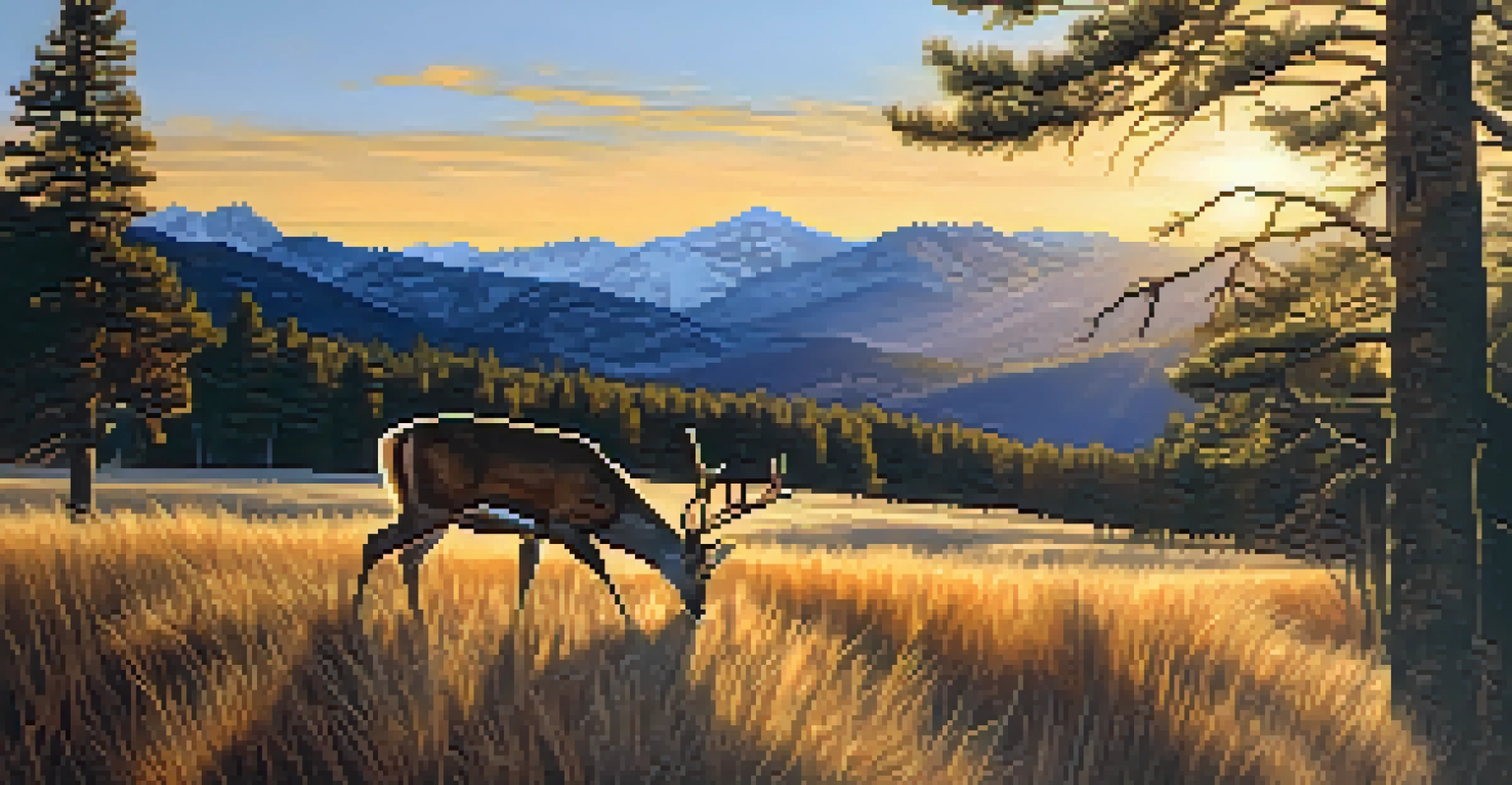 A deer walking through the Foothills at sunset, surrounded by trees and mountains, with warm golden light illuminating the scene.