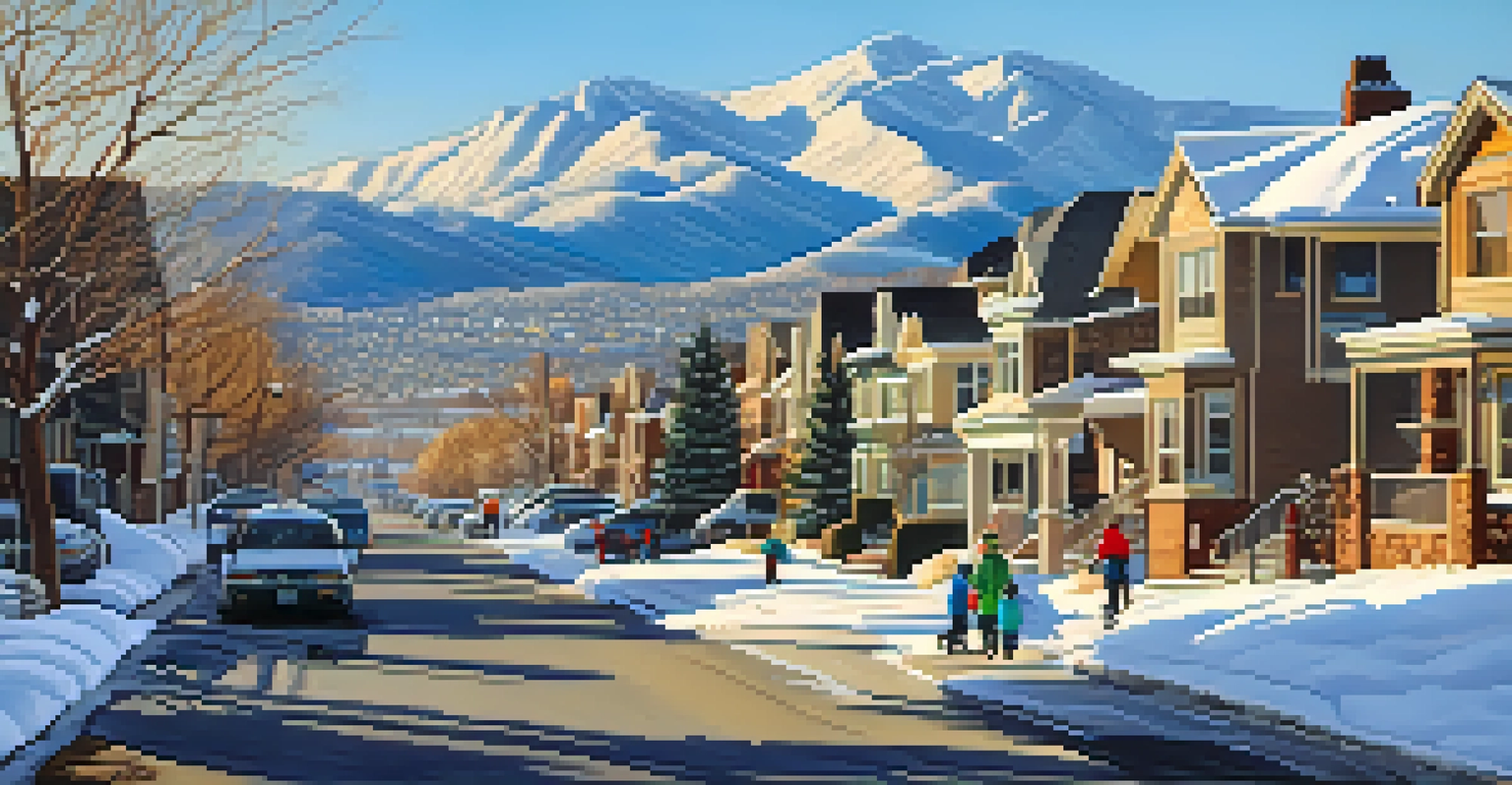 A picturesque winter scene in Boulder, Colorado, with snow-covered houses, trees, and children playing in the snow, against the Rocky Mountains.
