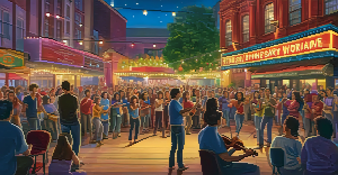 A lively community theater event with diverse performers and an engaged audience in a warmly lit environment.