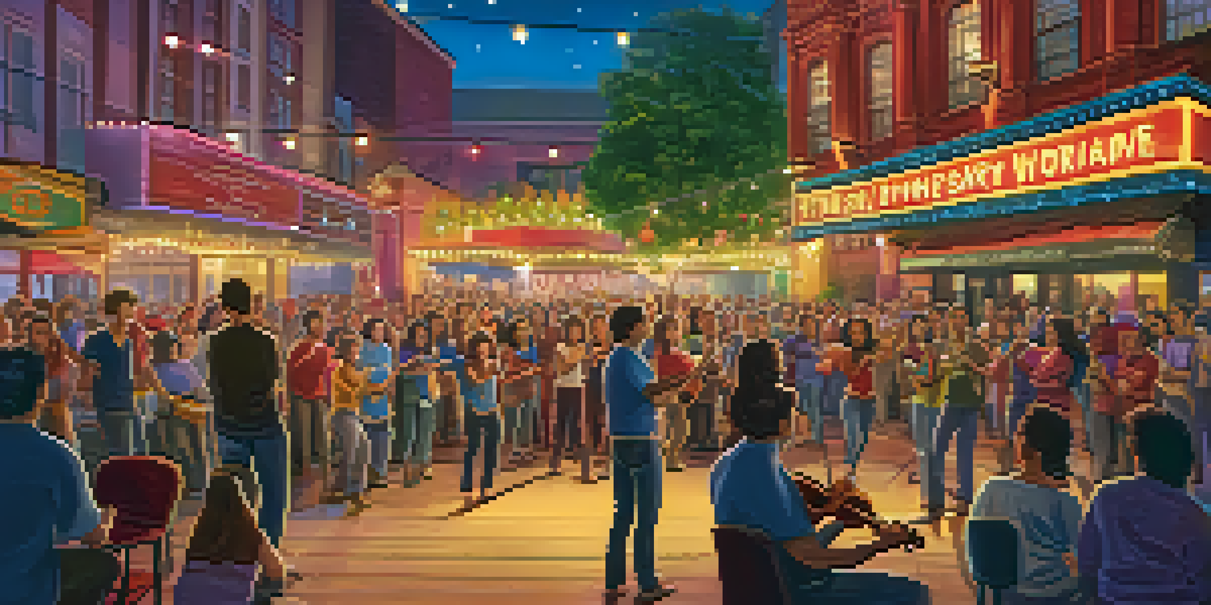 A lively community theater event with diverse performers and an engaged audience in a warmly lit environment.