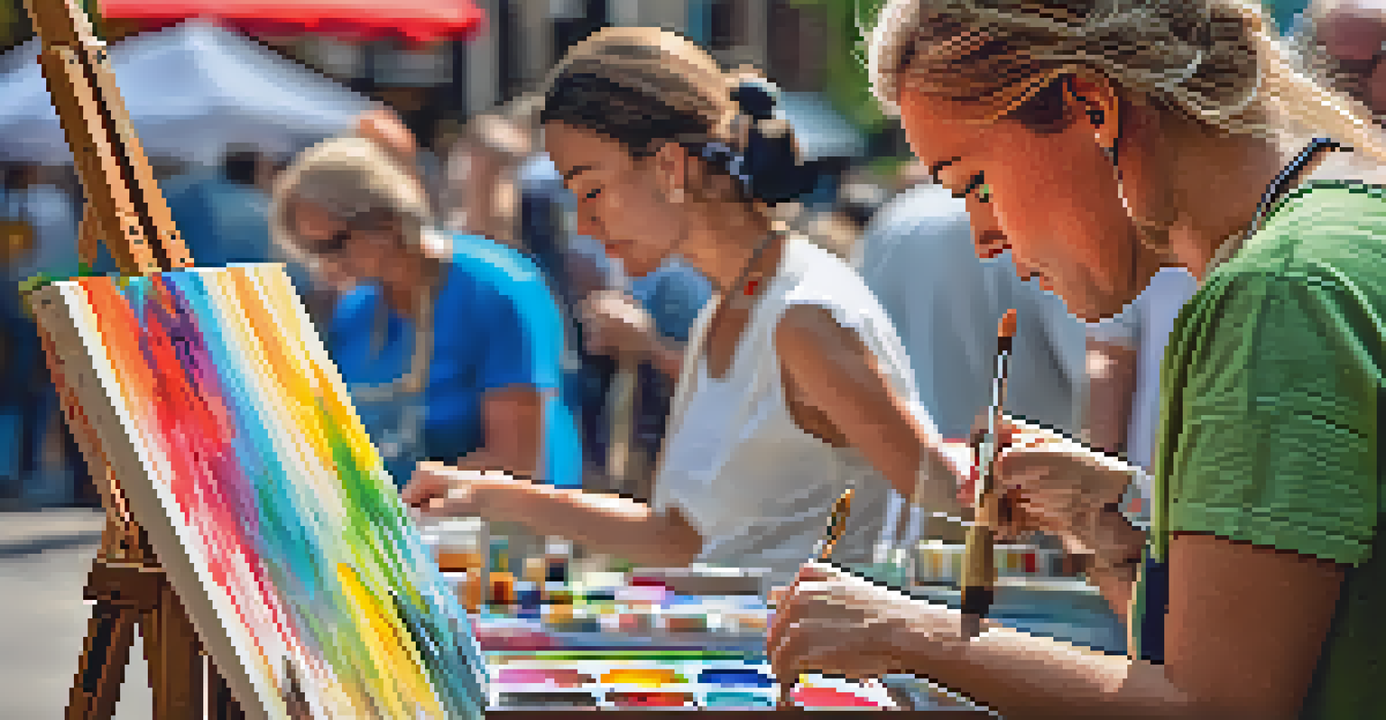 A local artist painting at Boulder's Art Walk, with a focus on their colorful canvas and surrounding artworks, capturing the lively atmosphere of the event.