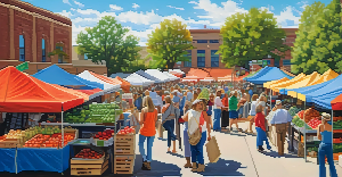 A bustling farmer's market with farmers selling fresh produce, including colorful fruits and vegetables, under a clear blue sky.