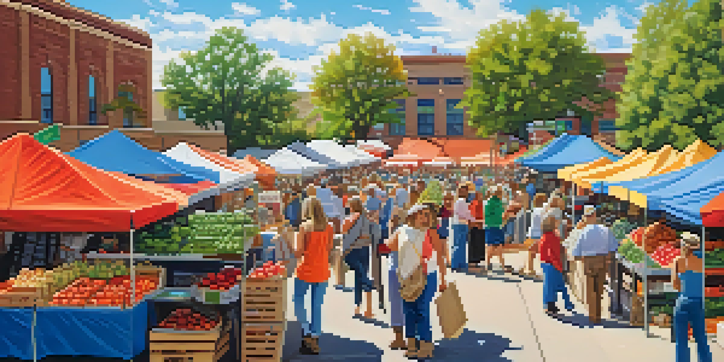 A bustling farmer's market with farmers selling fresh produce, including colorful fruits and vegetables, under a clear blue sky.