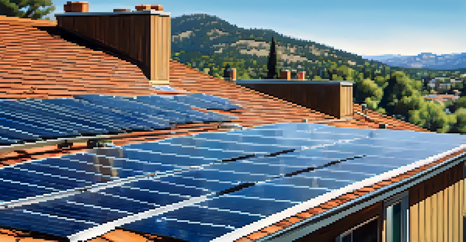 A close-up of solar panels on a rooftop in Boulder, reflecting sunlight against a clear blue sky.