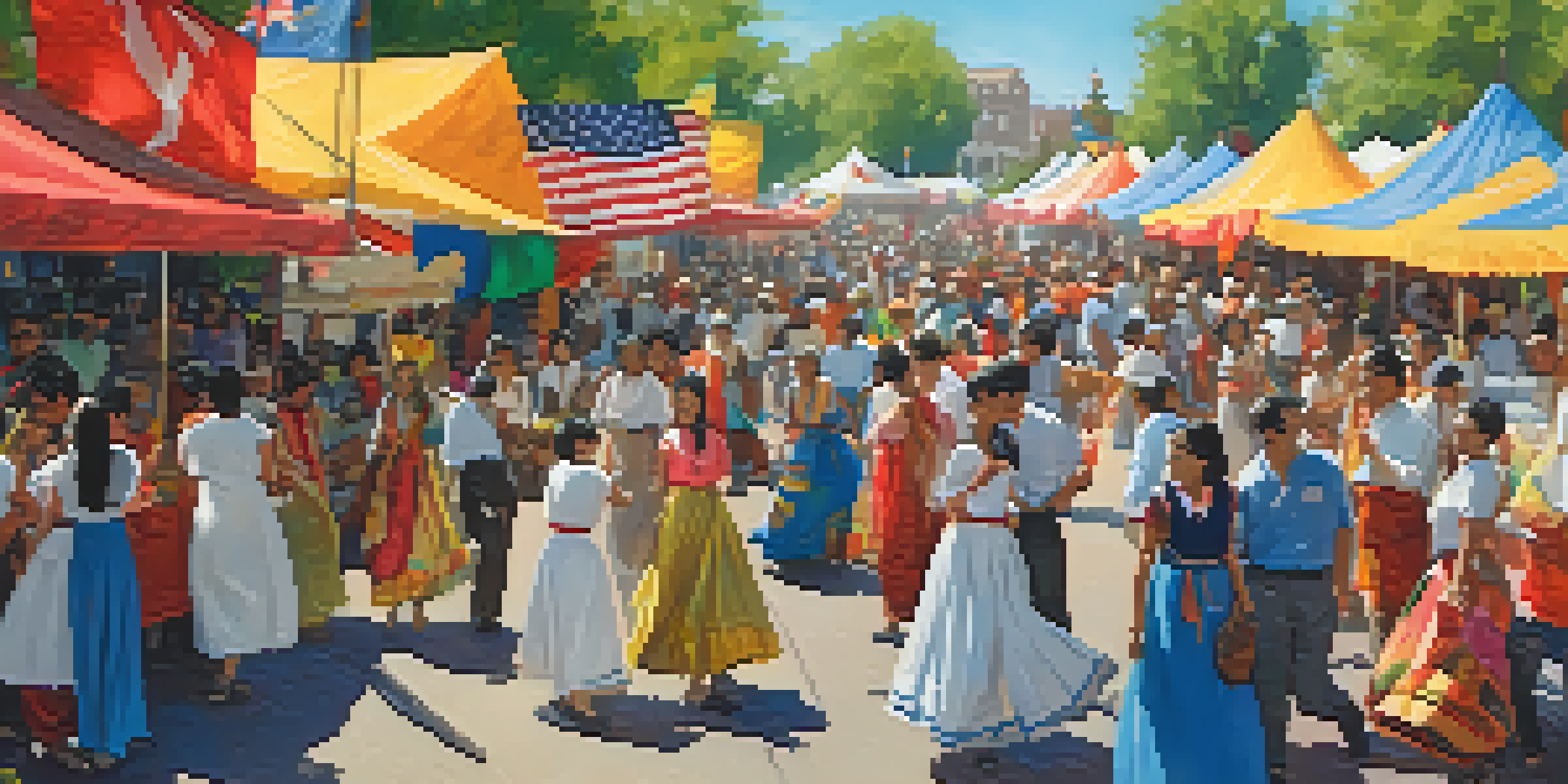 A colorful festival scene in Boulder with people enjoying traditional dances, international food stalls, and art displays under a clear blue sky.