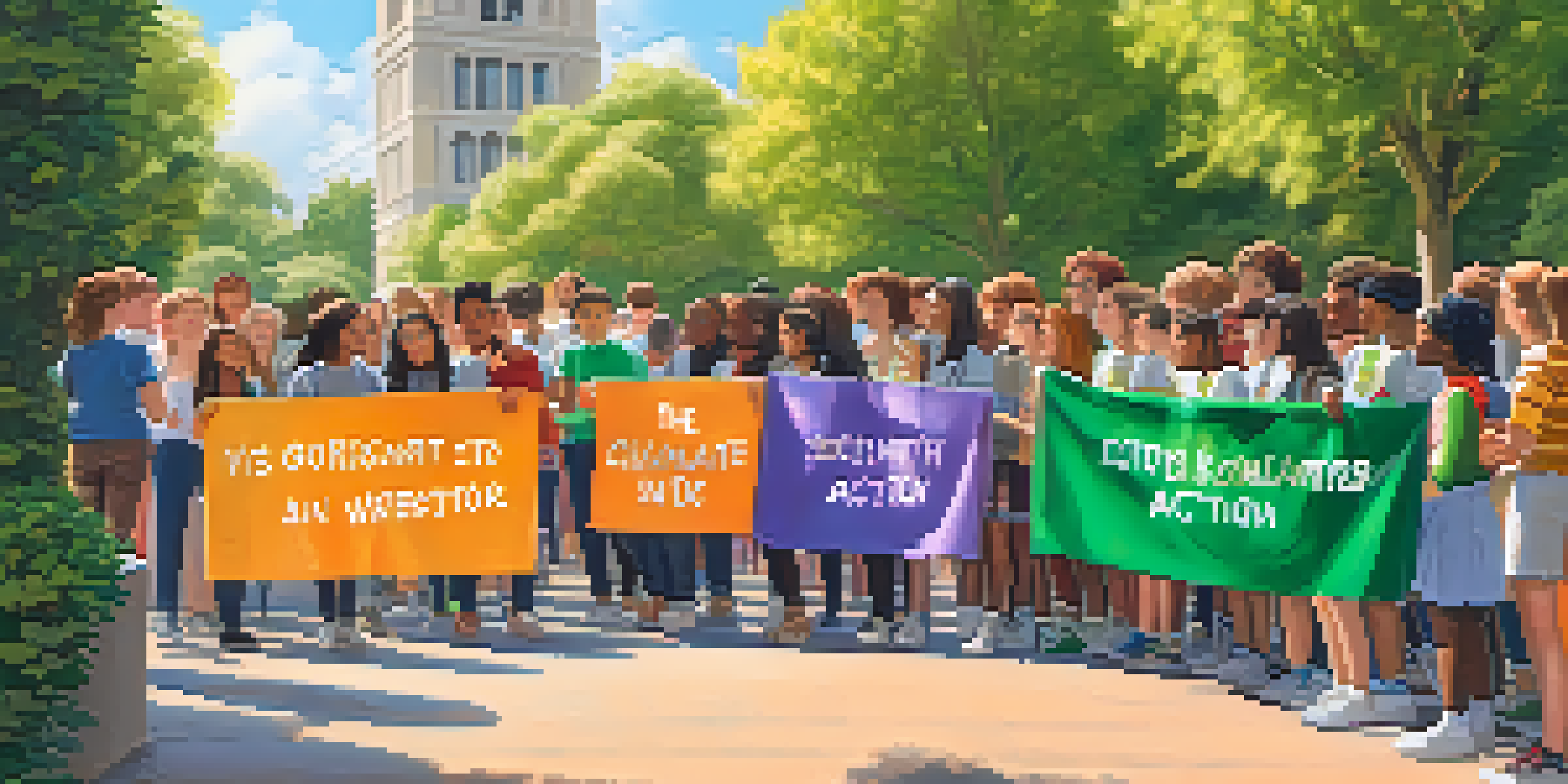 A diverse group of students in a school courtyard, holding colorful signs for climate action with trees and a banner in the background.
