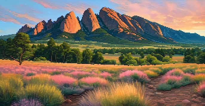 A scenic sunset view of the Flatirons in Boulder, Colorado, with climbers on a gentle slope.