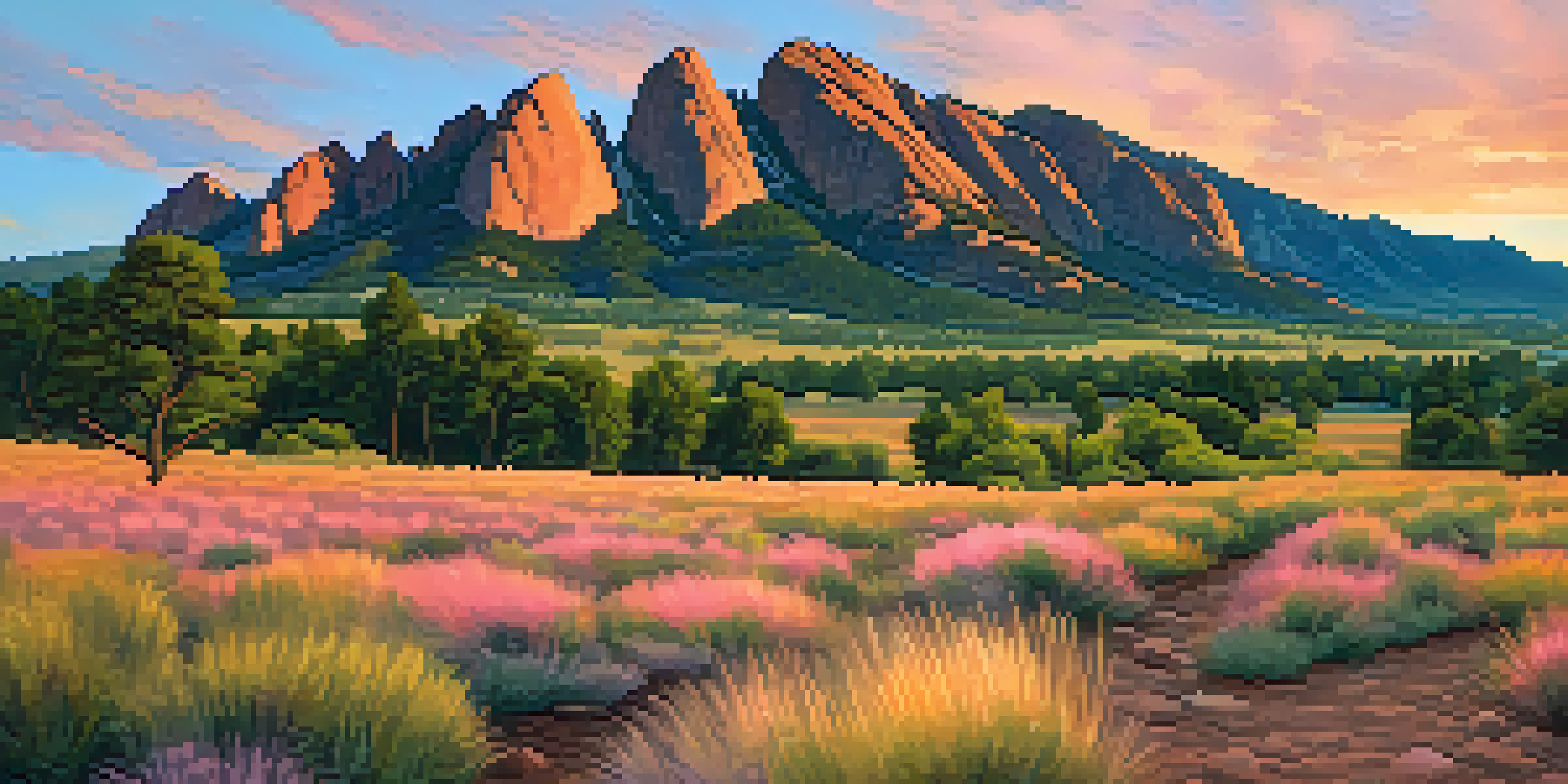 A scenic sunset view of the Flatirons in Boulder, Colorado, with climbers on a gentle slope.