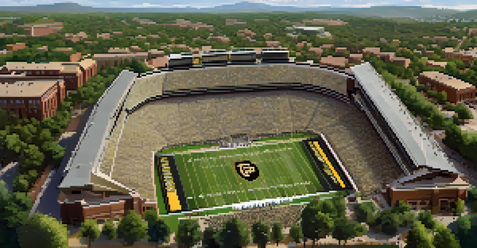 Aerial view of the University of Colorado Boulder stadium during a college football game with cheering fans and vibrant colors.