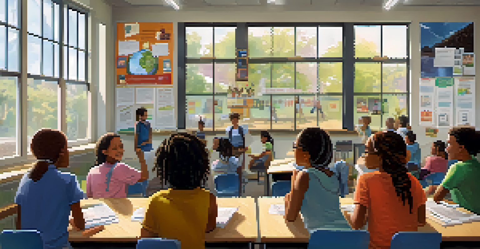 A classroom with a teacher leading a discussion on social issues, with students from diverse backgrounds actively participating.