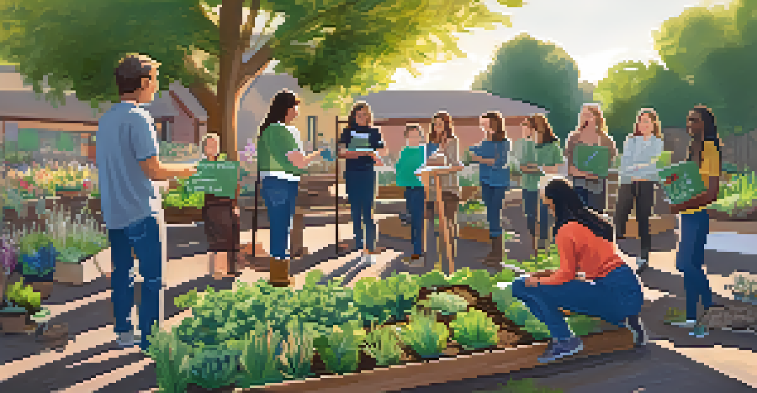 A group of people attending an outdoor workshop on sustainable gardening, with raised garden beds and a sunny atmosphere.