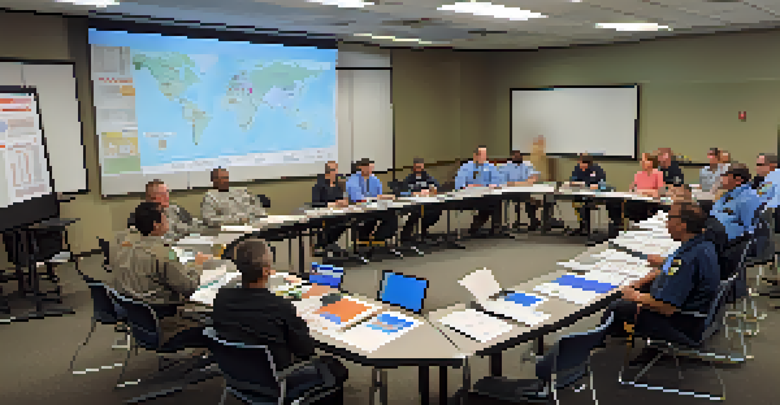 Participants in an emergency management training session, discussing strategies over a large map in a well-equipped room.