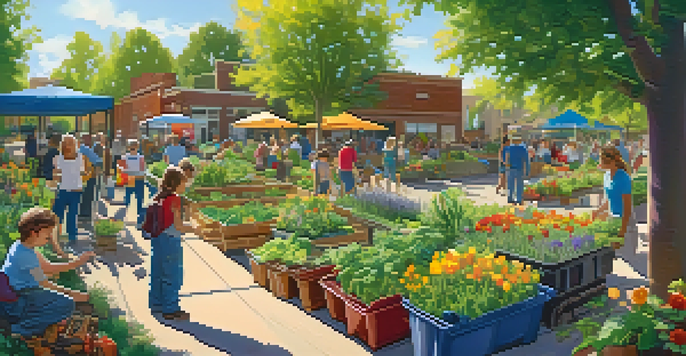A community garden in Boulder with people engaged in composting and recycling, surrounded by colorful plants and trees.