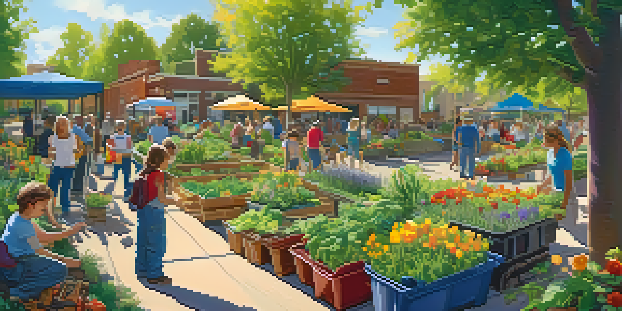 A community garden in Boulder with people engaged in composting and recycling, surrounded by colorful plants and trees.