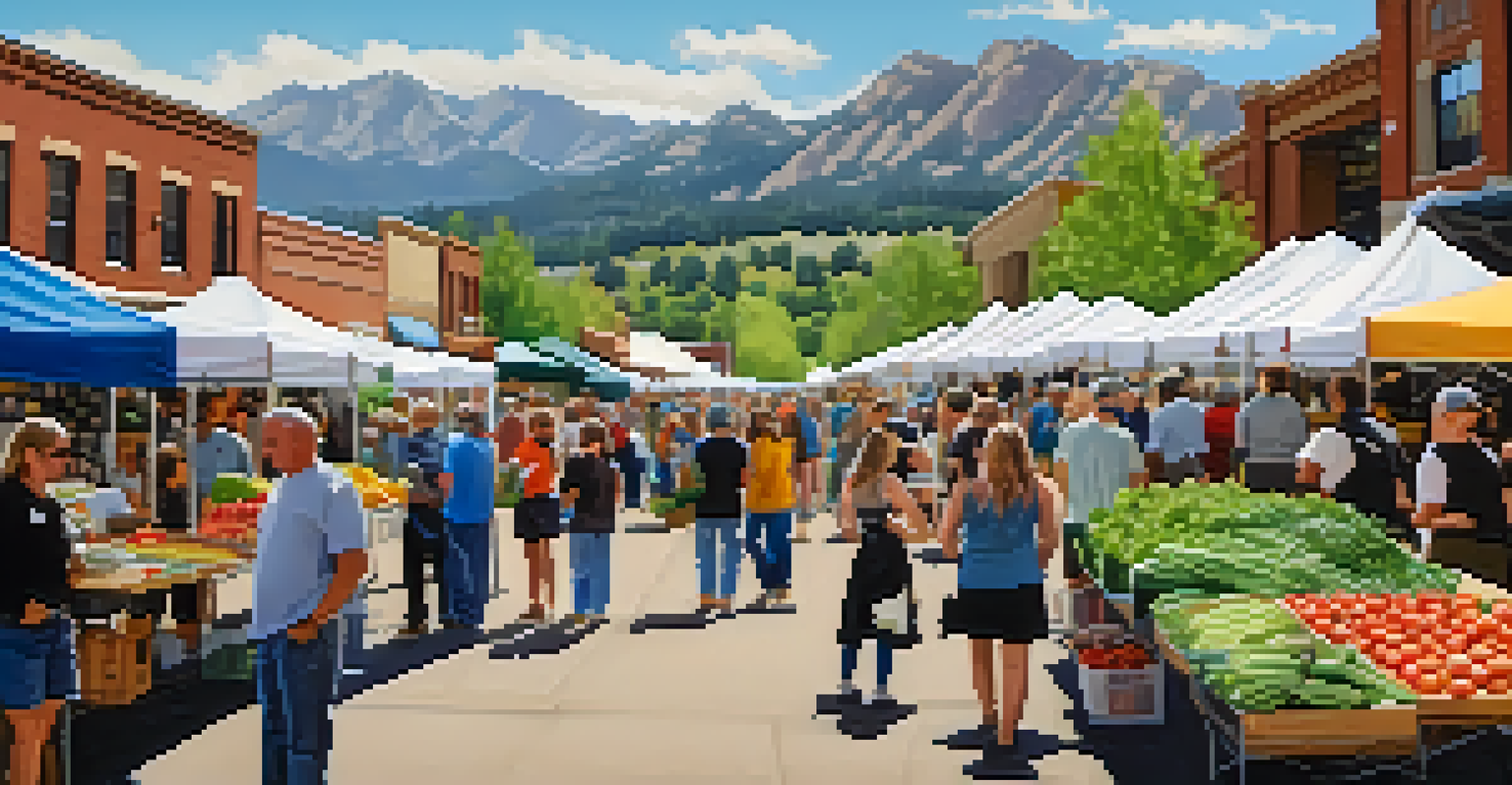 An outdoor farmer's market in Boulder with local farmers and vibrant produce, set against the beautiful Flatirons in the background.