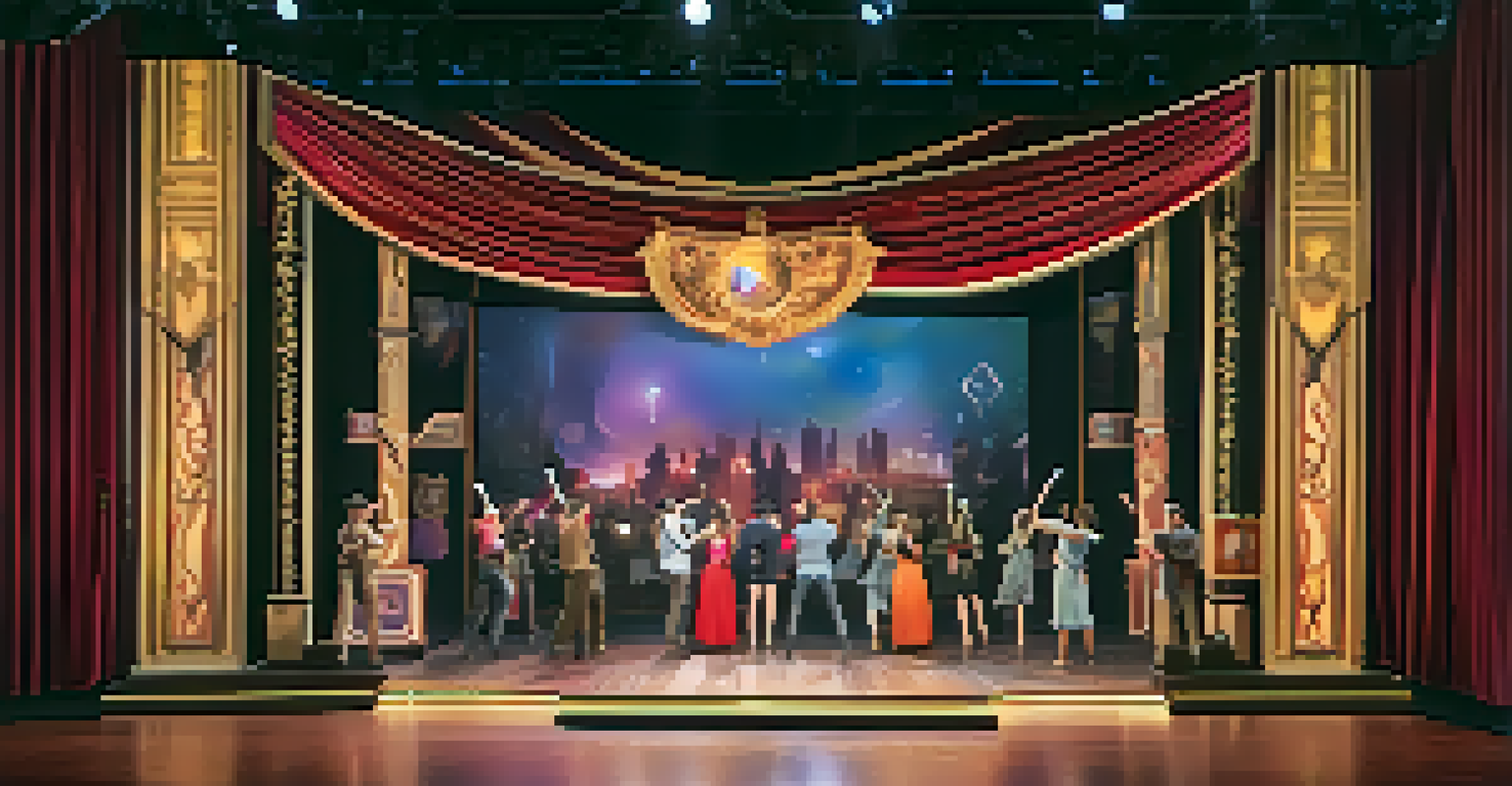 A theater stage incorporating augmented reality elements and sustainable set designs, with performers interacting with the audience.