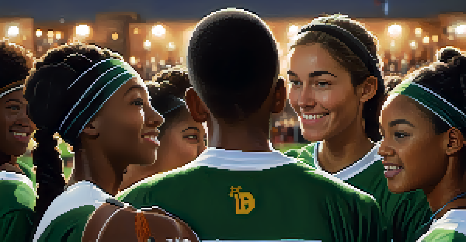 A close-up of diverse student-athletes in uniforms, showcasing teamwork and school spirit against a blurred sports field background.