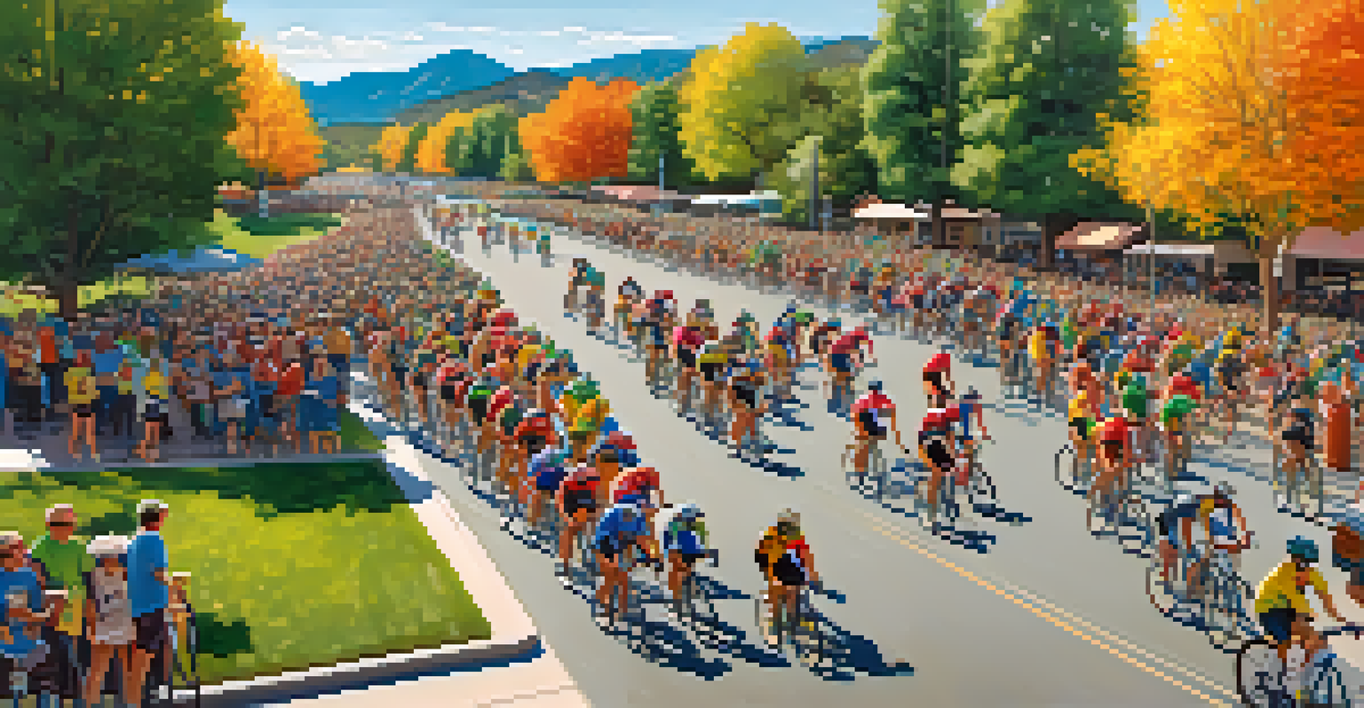 Aerial view of a vibrant cycling event in Boulder, with many cyclists in colorful jerseys gathered at a park, surrounded by trees and mountains.
